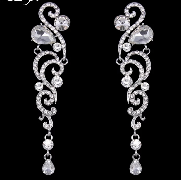 Crystal Long Earrings Dangle Rhinestone Earrings Statement Wedding Bride Jewelry - Picture 5 of 5